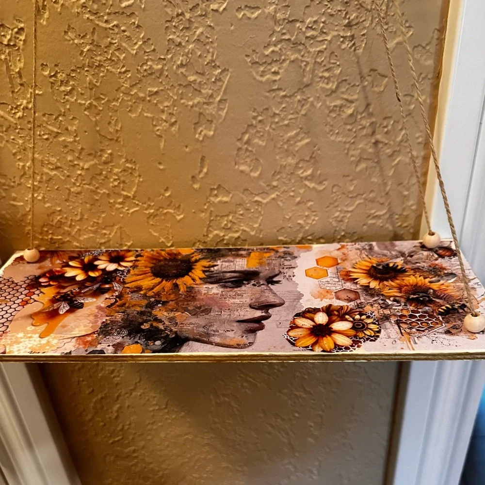 Hand Crafted Sunflower hanging floating wall shelf